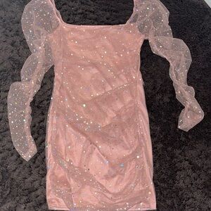 Elegant Pink Dress with Sheer Sleeves